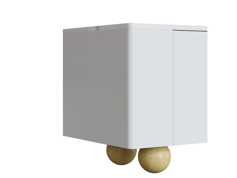  Meuble tv blanc 180 cm, 4 portes, surface effet marbre, pieds en bois boule, blanc et bois  - Conforama E