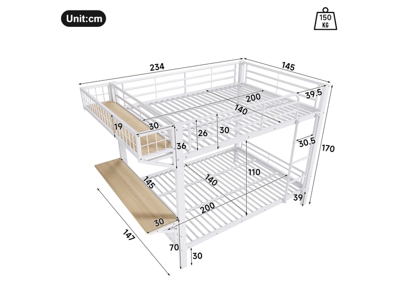  Lit superposé 4 places 140 x 200 cm avec bureau et rangement ouvert montables à gauche ou à droite, lit double en métal blanc avec garde-corps  - Conforama D