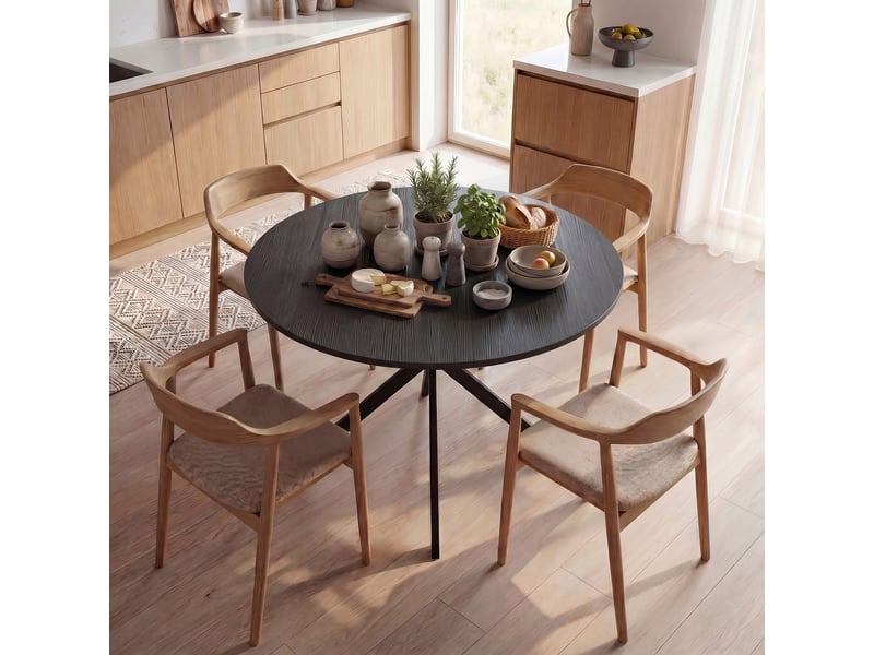 Table à manger ronde pour 4 personnes 100 cm, piètement croisé en acier, style industriel avec plateau aspect bois, noir - Conforama D