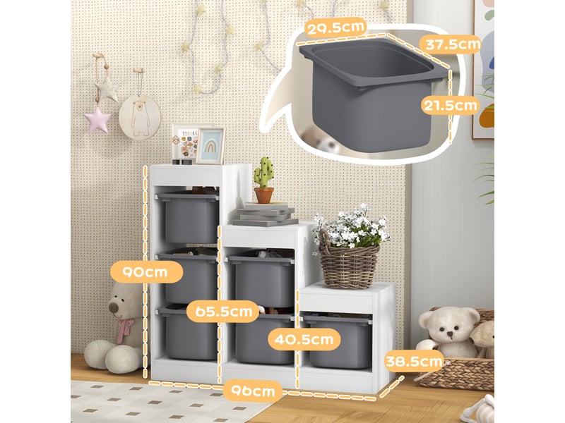  Meuble de rangement pour jouets à 3 niveaux avec 6 bacs pour enfants de 3 à 8 ans, 96 x 38,5 x 90 cm, gris  - Conforama D