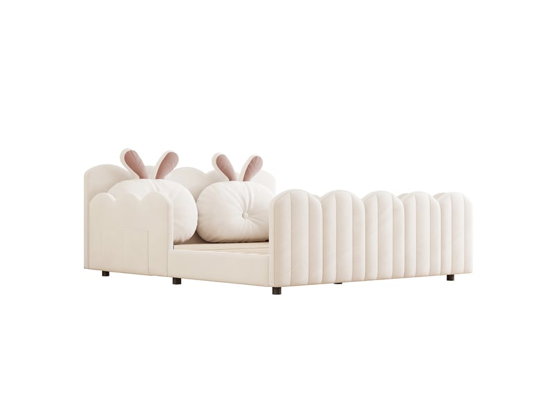 Lit enfant 140x200 cm - lit 2 personnes rembourré - coussin oreilles de lapin - barrières de sécurité - velours - beige - Conforama W