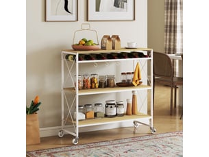 Carrello portavivande a 4 livelli con portabottiglie e 5 ganci rimovibili, in legno e metallo, 96.5x38x96.7 cm