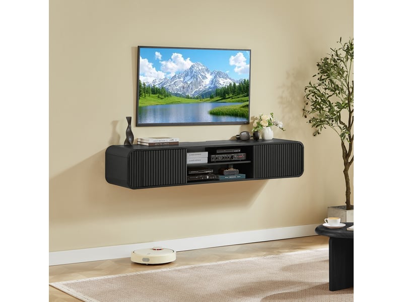  Meuble tv mural 160 cm noir avec rangements ouverts et passe-câbles intégré  - Conforama B
