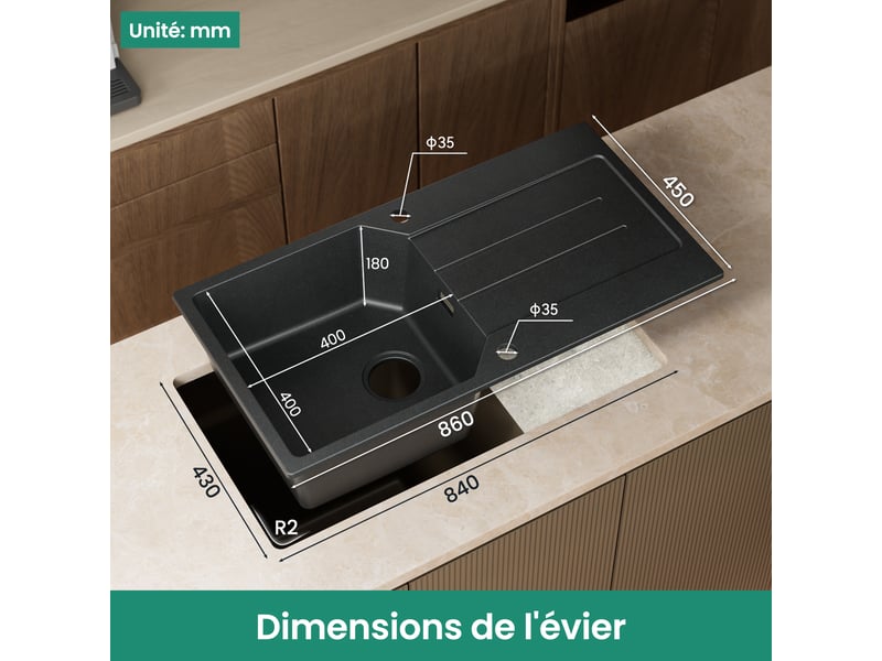 Anycee max évier en granit 86x45cm - évier de cuisine noir - avec système d’évacuation et égouttoir  - Conforama E