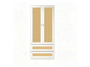 Armoire blanche 70x55x170 cm à 2 portes effet rotin, tiroirs et rangements