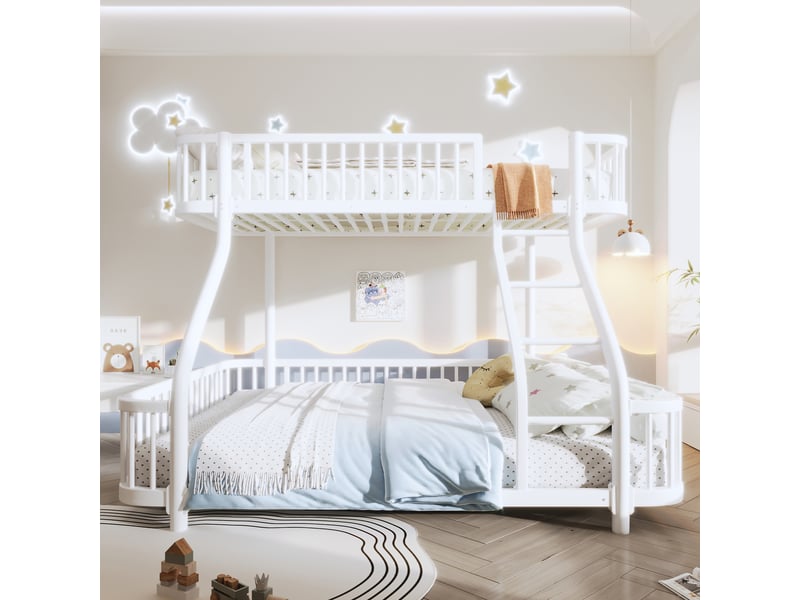  Lit superposé 90 x 200 cm, 140 x 200 cm, cadre en métal, garde-corps, échelle, sans matelas, blanc  - Conforama E