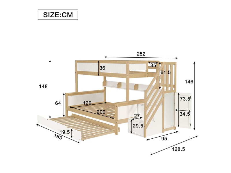  Lit superposé 90x200120x200 cm avec protection contre les chutes et rails pour trois lits, lit enfant avec armoire, blanc + naturel  - Conforama C