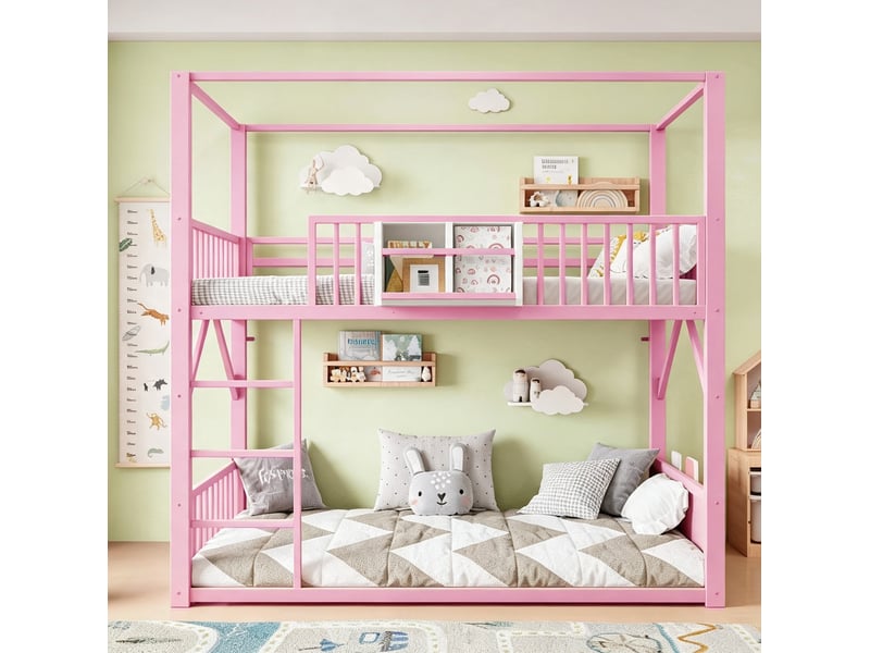  Lit superposé enfant 90x200 cm avec structure en forme de toit, métal, rose  - Conforama D