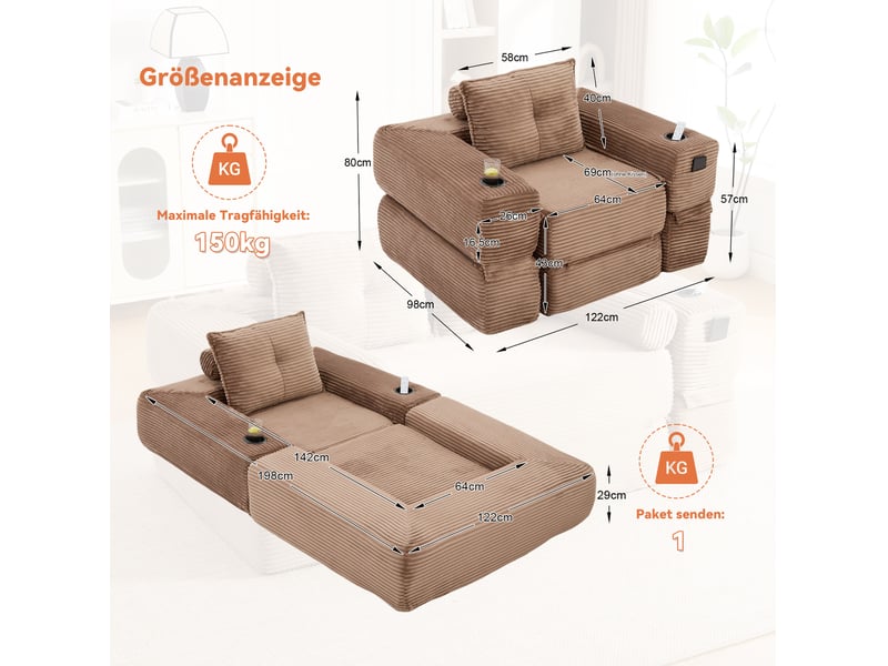  Canapé convertible modenvie 1 place en velours côtelé marron avec mousse, ressorts, rangements et porte-gobelet 122 x 98 x 80 cm  - Conforama C
