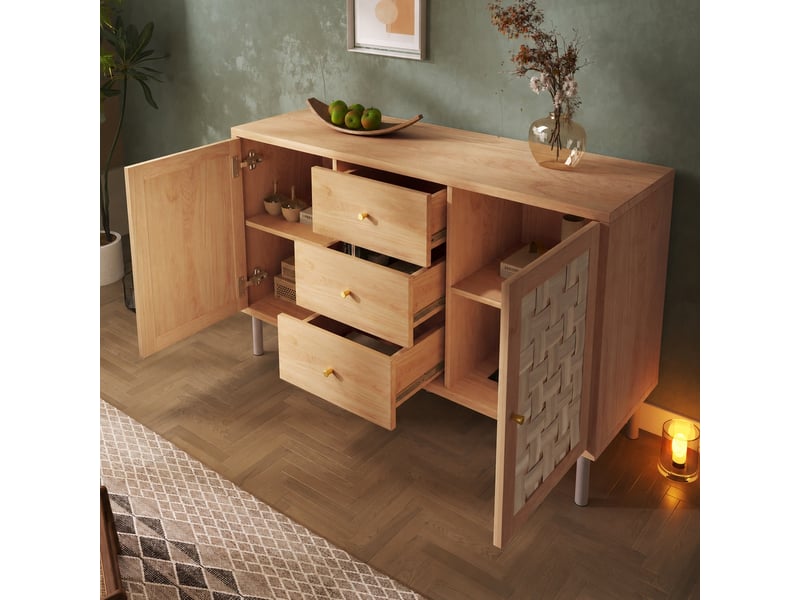  Buffet 120 cm 2 portes 3 tiroirs couleur chêne, façades tressées, style campagne  - Conforama B