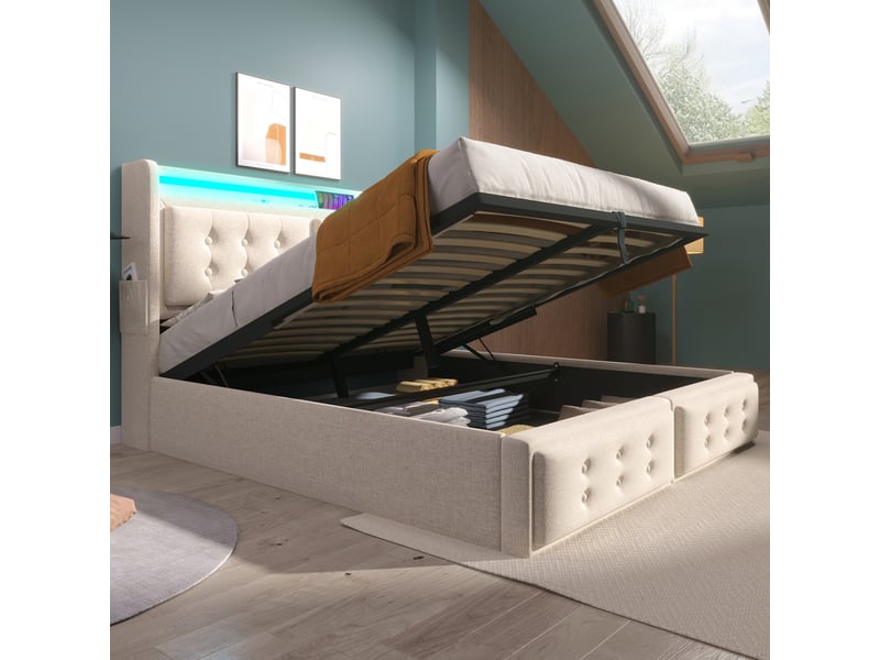  Lit coffre adulte 160x200 cm – beige – led, ports usb-c et matelas h3 inclus, rangement hydraulique  - Conforama B