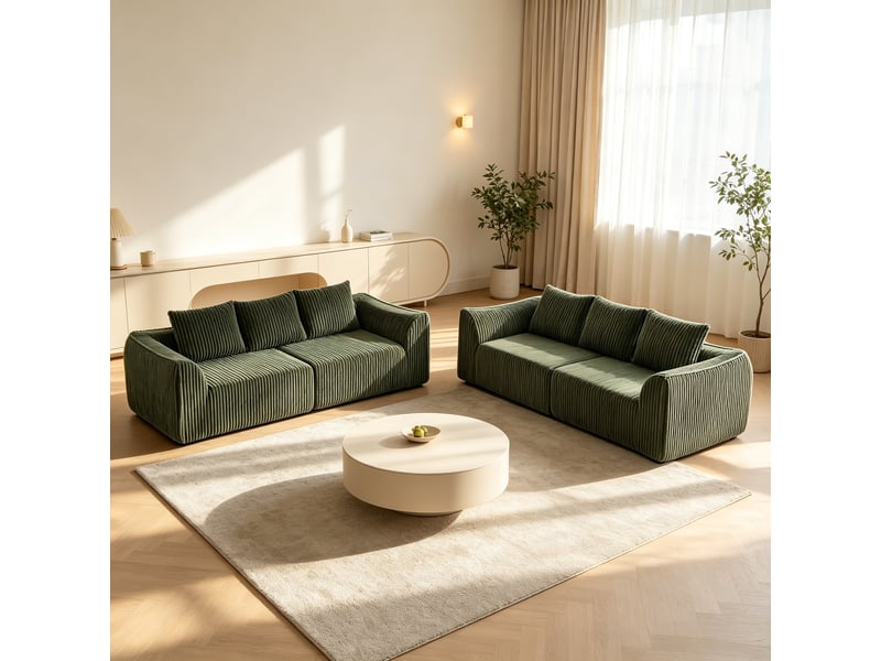  Canapé droit minimaliste en velours côtelé, lignes courbes, dossier incliné, 6 coussins, vert  - Conforama D