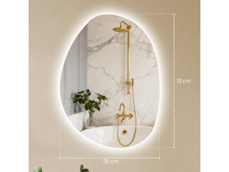  Miroir de salle de bain asymétrique avec éclairage led, miroir led 70x50 cm, anti-buée, 3 couleurs, interrupteur tactile, argenté.  - Conforama B