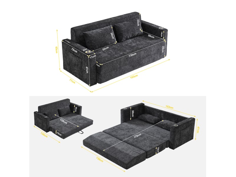  Canapé-lit 2 places pliable 153x77x65 cm avec ports usb, noir et gris, sans matelas  - Conforama E