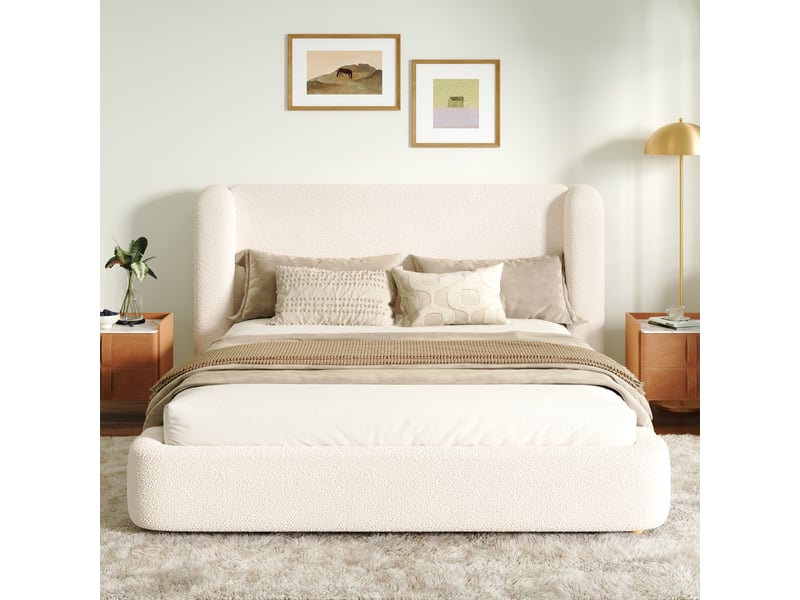  Lit 2 places rembourré 140x200cm avec sommier inclus, lit coffre avec hydraulique, tête de lit rembourrée, beige bouclé  - Conforama C