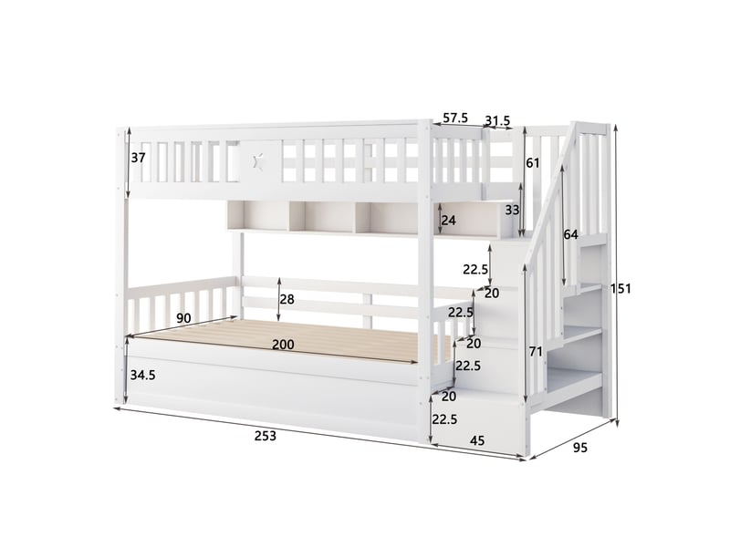  Lit superposé 90x200 cm blanc avec rangement hydraulique, étagères et escalier  - Conforama C