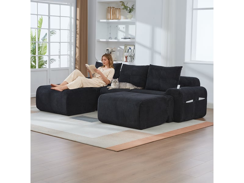 Canapé modulable, canapé de salon, en velours tricoté, noir, adapté à l'espace de vie, porte-gobelets - Conforama R
