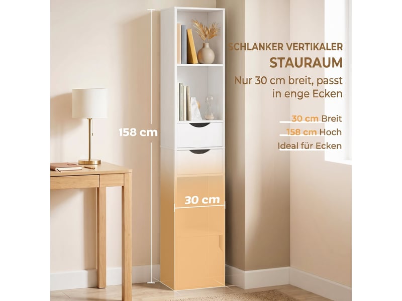  Bibliothèque étroite 2 tiroirs avec étagères et placard blanc 30 x 24 x 158 cm  - Conforama D