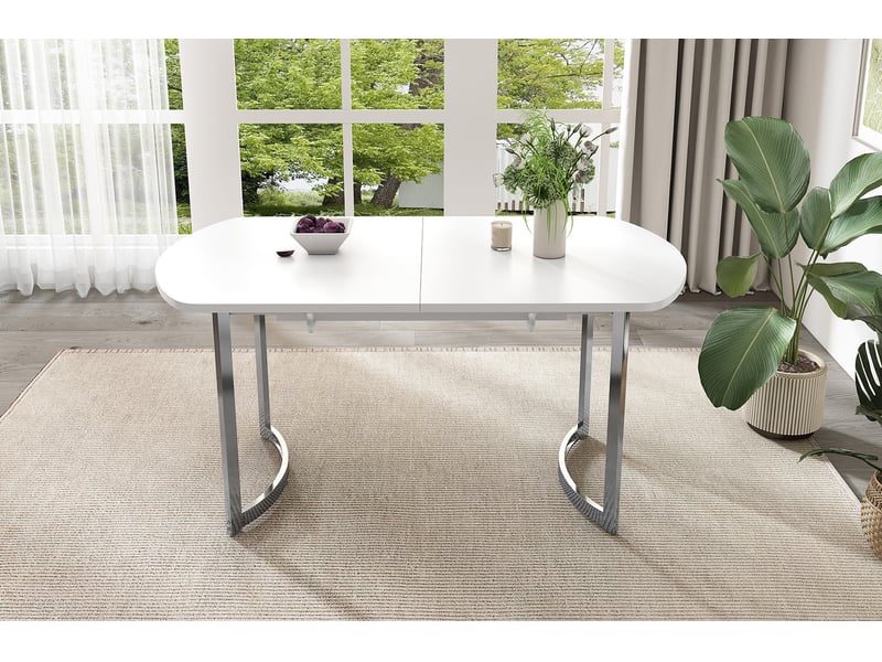Table à manger extensible 140-180 x 80 cm en mdf blanc, pieds métal argenté - Conforama D