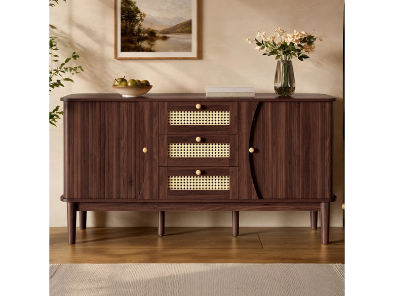  Buffet 141x40x77 cm avec 2 portes coulissantes et 3 tiroirs en mdf couleur marron, design simple  - Conforama B