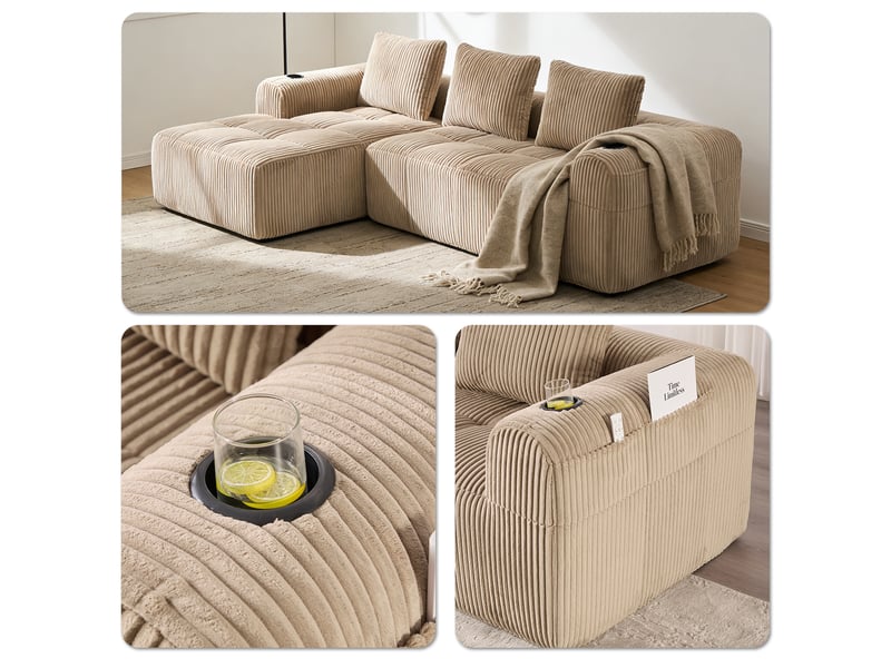 Canapé modulable, 3 places, avec accoudoirs, revêtement en velours côtelé, , sans assemblage, kaki  - Conforama D