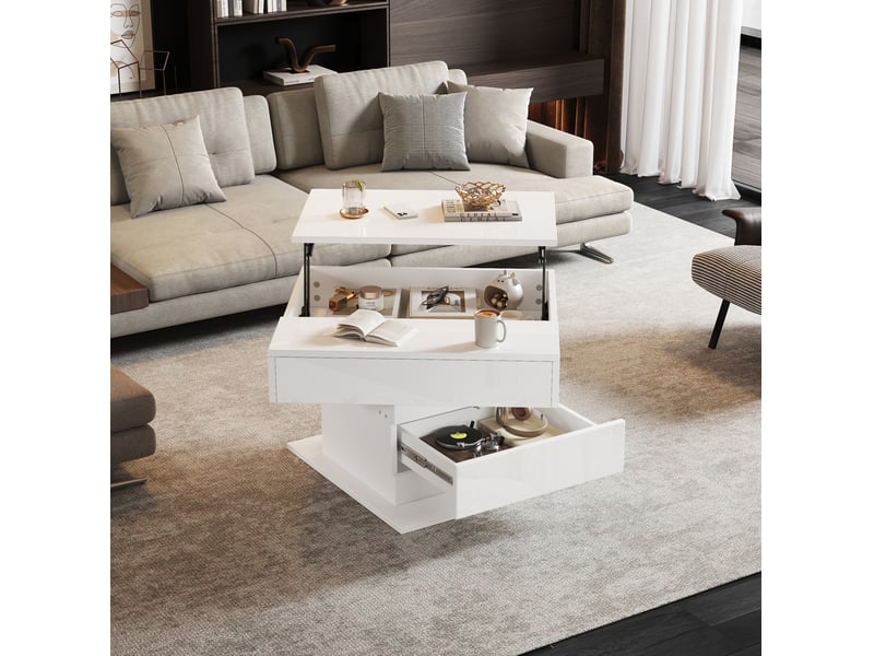  Table basse relevable 70 x 70 x 45-59 cm 360° tiroir rangement caché laqué brillant panneau de particules blanc  - Conforama W