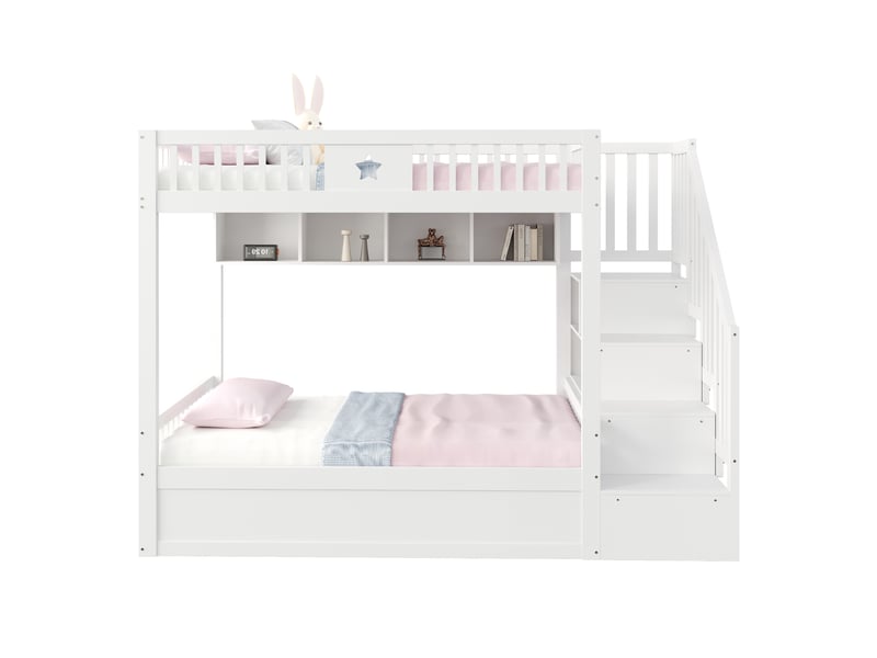  Lit superposé enfant 4 places 140x200 cm avec rangement hydraulique sous lit, escalier de rangement, étagères, garde-corps, pin massif blanc  - Conforama A