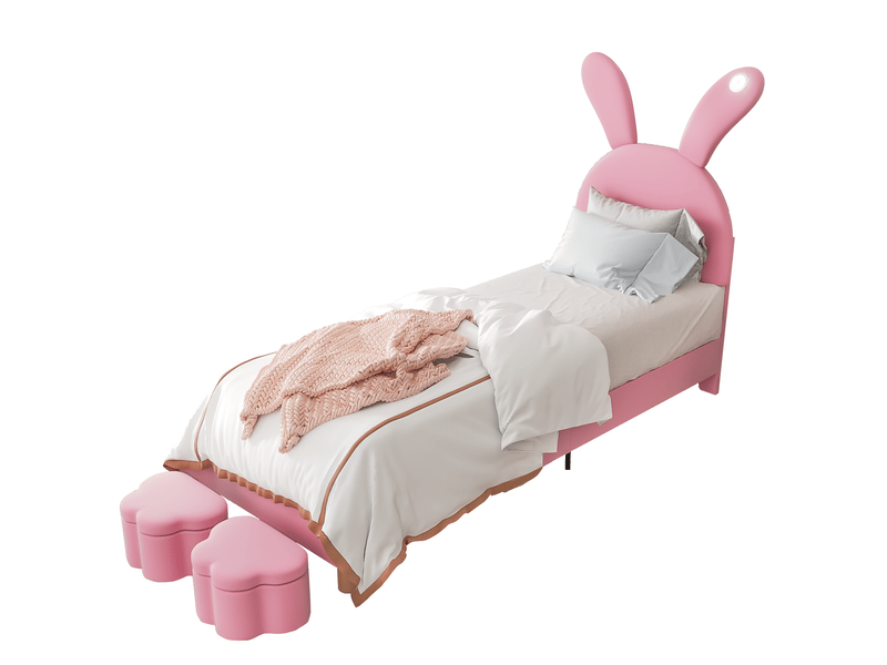  Lit capitonné 90x200 rose velours français avec rangement et oreilles de lapin - éclairage led  - Conforama A