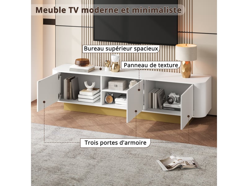 Meuble tv 170x40,5x47 cm avec rangements, bords arrondis, passe-câbles et portes texturées, mdf et aggloméré, blanc Sol Morn - Conforama E