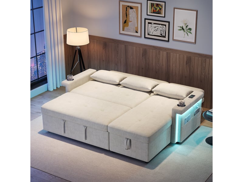  Canapé d'angle convertible 3 places 209x141,5 cm avec rangement, led, usb, dossier réglable et porte-gobelets - beige OPULERANE TRADING LTD - Conforama E