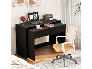 Bureau 2 en 1 avec tiroirs, bureau extensible noir sur roulettes pour petit espace, table de travail modulable 110x40x78 cm