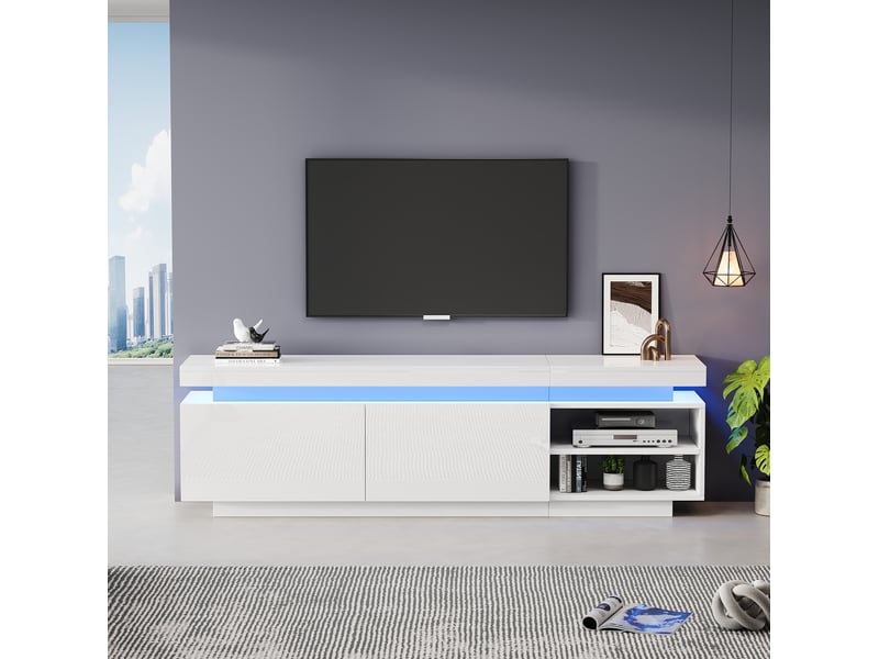 Meuble tv led avec 2 portes et 2 niches, passe-câbles, finition blanc brillant moderne pour salon, 170 × 35 × 50 cm - Conforama C