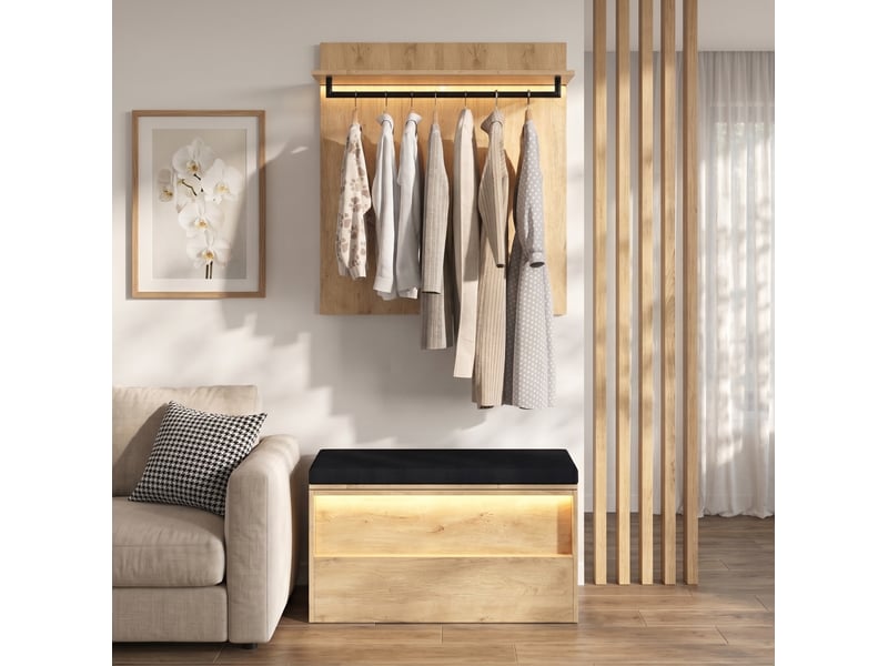  Set d'entrée avec porte-manteau mural et banc à chaussures 90x47x145 cm, led, mdf, bois clair, meuble d'entrée  - Conforama B