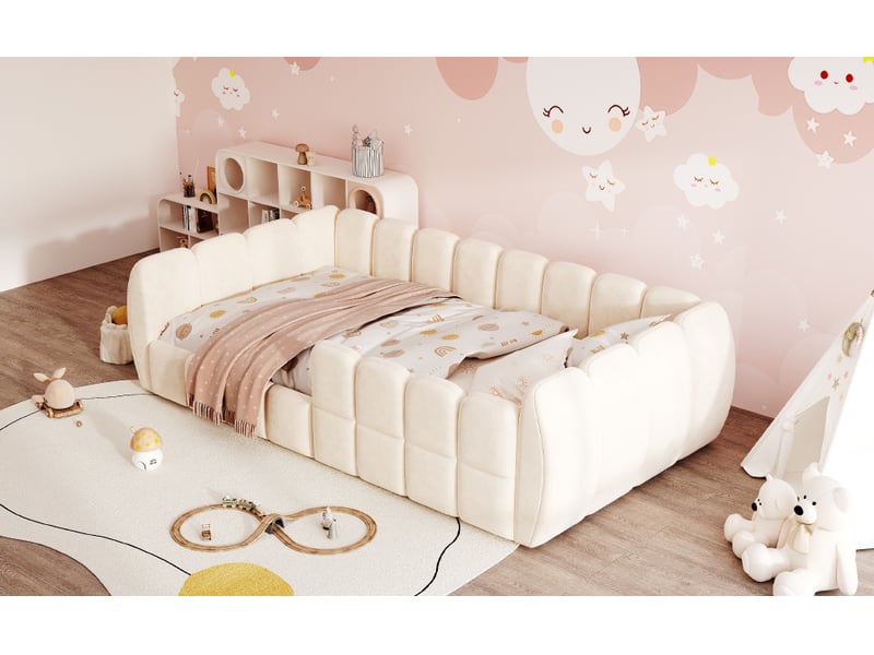  Lit bas enfant simple 90×200 cm rembourré, angles arrondis - okmyhome- velours beige, sans matelas  - Conforama E