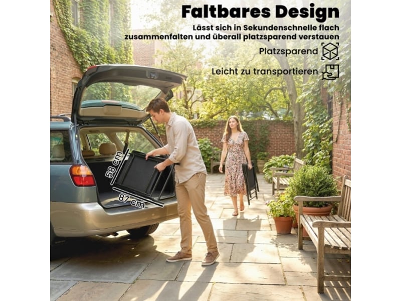  Lot de 2 chaises de jardin pliantes noires, dossier haut, accoudoirs, acier et textilène, 58x62x97 cm  - Conforama E