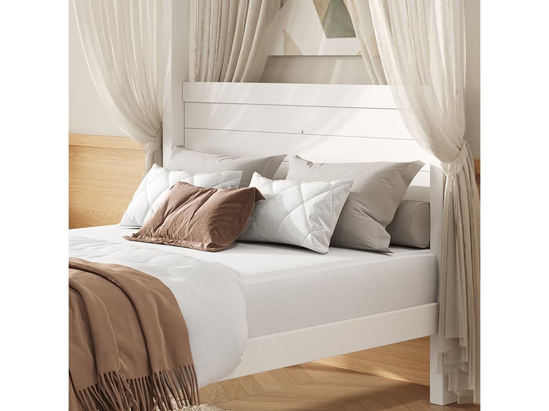  Lit cabane enfant 90 x 200 cm en bois et mdf blanc avec structure personnalisable, tête de lit surélevée et rangement sous le lit sans matelas  - Conforama D