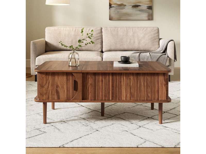  Table basse relevable - 100x48x41cm - plateau élevable rangement caché, porte coulissante rainurée pieds bois - noyer  - Conforama C