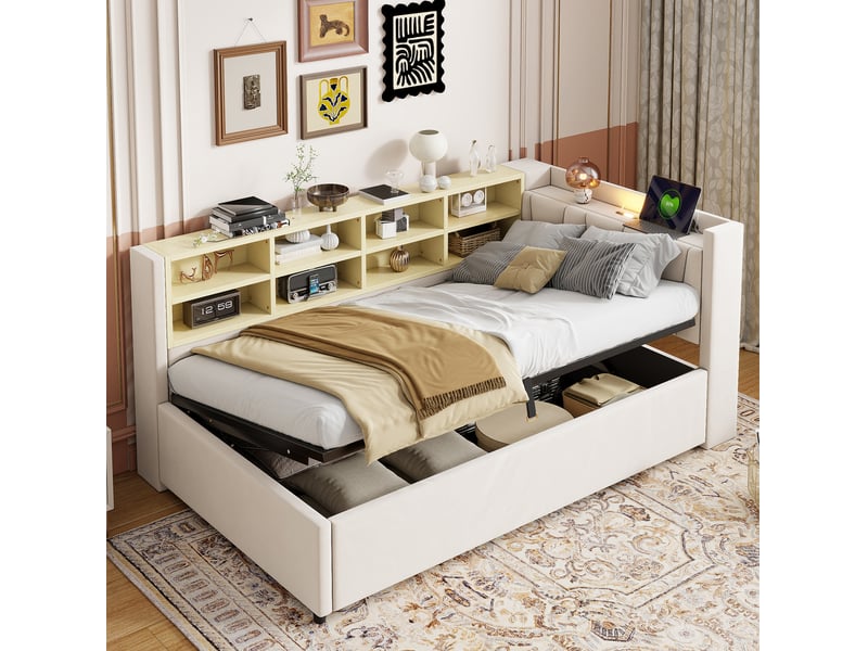  Lit coffre 90 x 200 tête capitonnée éclairage intégré usb-c rangement moderne côtés velours beige sans matelas  - Conforama D