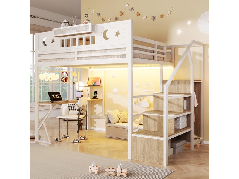  Lit mezzanine 140x200 cm avec bureau, panneau perforé, étagères, usb, led multicolore, escalier avec rangement, métal et mdf, blanc OMNIGLINT TRADING LTD - Conforama D