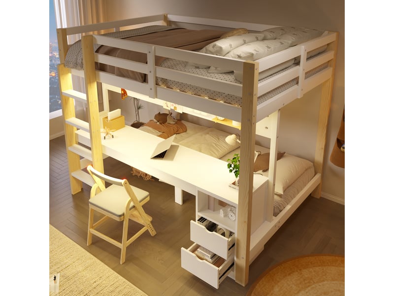  Lit mezzanine 90x200 cm et 140x200 cm naturel et blanc avec tiroirs, bureau, panneau perforé, led, sans matelas  - Conforama E
