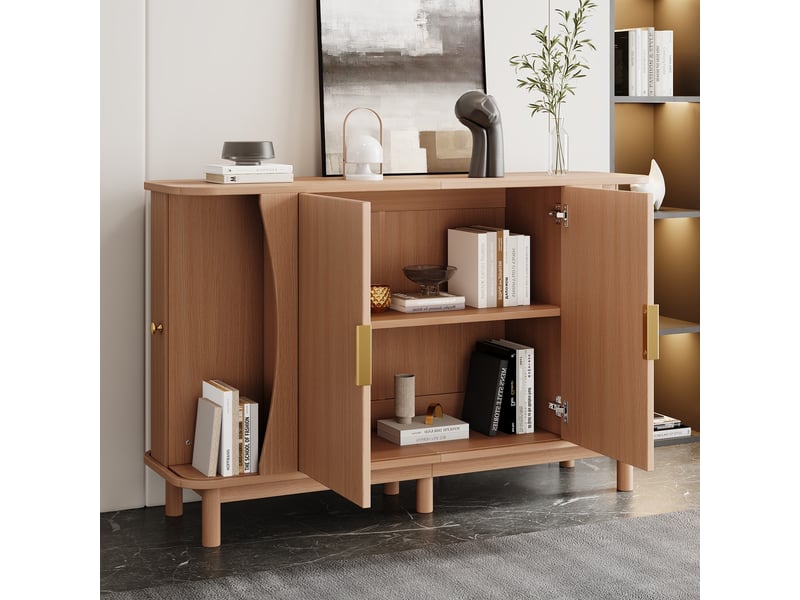  Buffet - 140x40x88cm - buffet basse de salon avec 2 portes battantes &amp; 2 portes coulissantes côtelées - bois naturel  - Conforama B