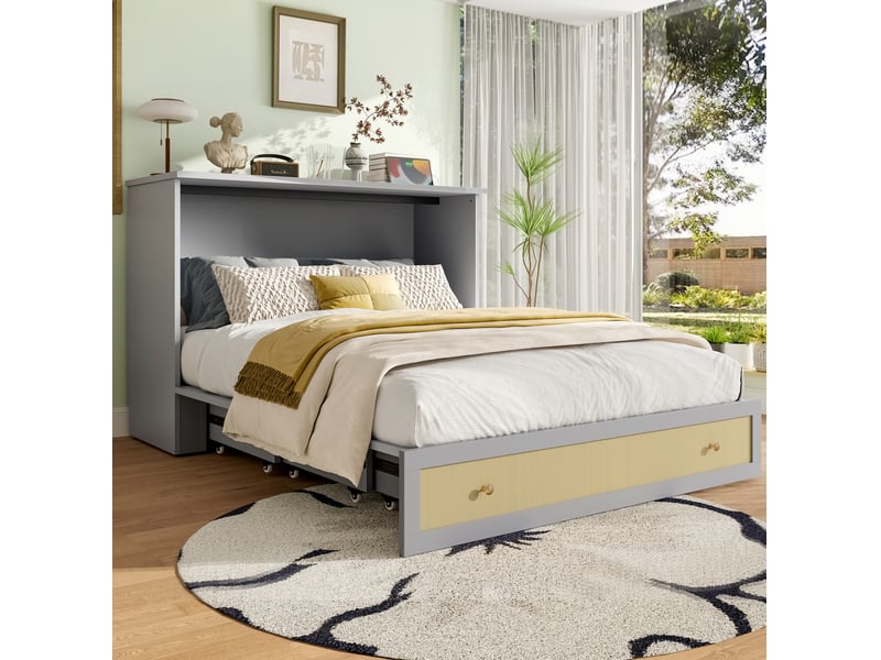  Lit escamotable 140x200 cm avec tiroir, étagère, usb et prise gris  - Conforama B