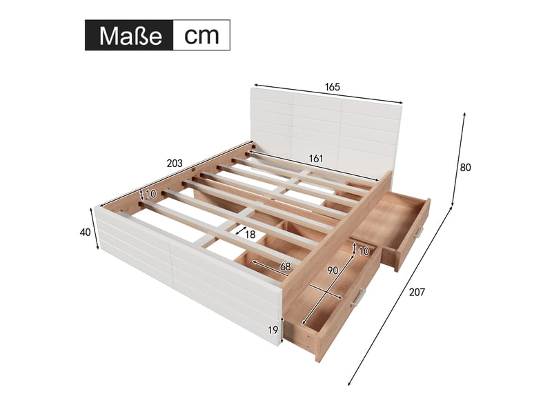  Lit double 160x200 cm avec 2 tiroirs, cadre de lit, bois + mdf, blanc et chêne clair sans matelas  - Conforama C