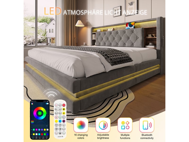  Lit coffre 180 × 200 cm 2 places avec led, usb, type-c, étagères et rangement, sans matelas, en velours gris foncé  - Conforama B