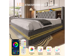 Lit coffre 180 × 200 cm 2 places avec led, usb, type-c, étagères et rangement, sans matelas, en velours gris foncé