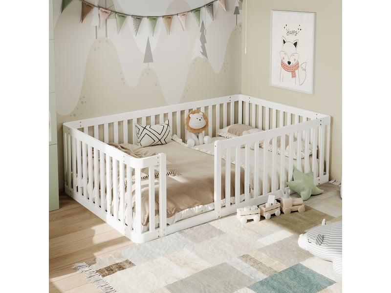 Lit avec barrière enfant 90×200 cm entrée latérale - - sans matelas, bois de pin - blanc  - Conforama C