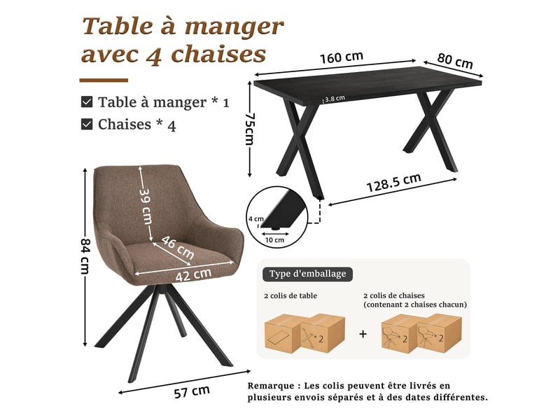 Ensemble table et 4 chaises - table rectangulaire 160x80 cm monobloc en chêne noir et pieds métal, 4 chaises en tissu marron moka et pieds métal - Conforama C