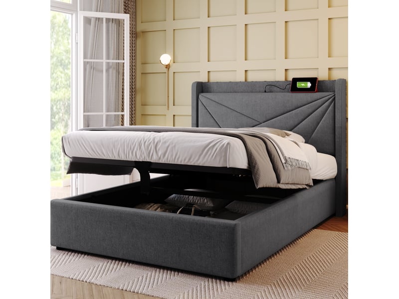Lit coffre adulte 90x200 cm – gris – tête de lit géométrique avec usb et usb-c - Conforama B