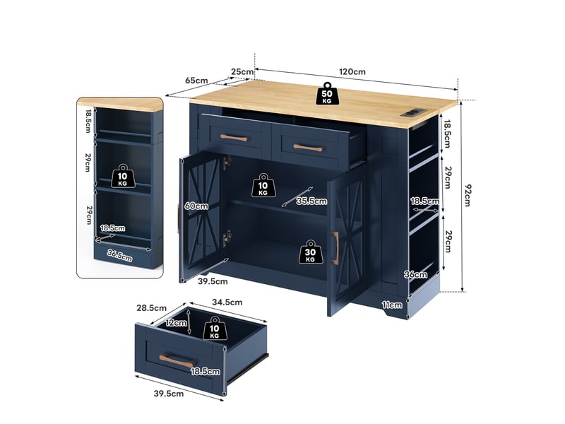  Desserte de cuisine 120x40-65x92 cm bleu et naturel, mdf, plateau rabattable, prises et roulettes avec freins  - Conforama C