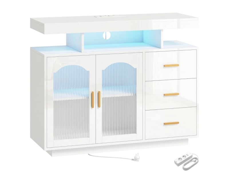  Buffet lumineux led moderne avec prises intégrées, 3 tiroirs, étagères et 2 portes en acrylique - blanc brillant  - Conforama A